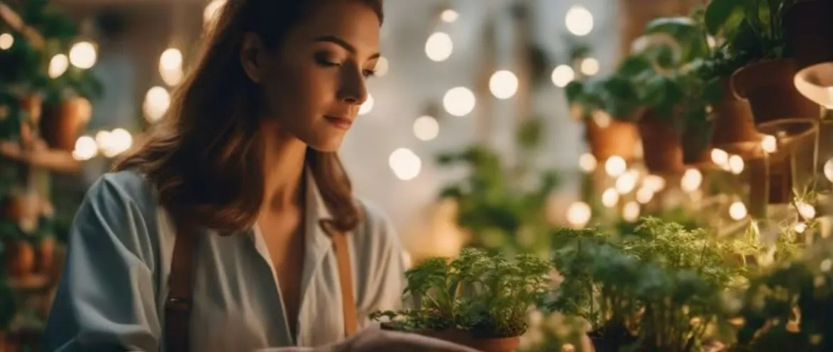 Woman tending to plants in a cozy indoor garden with warm lighting.