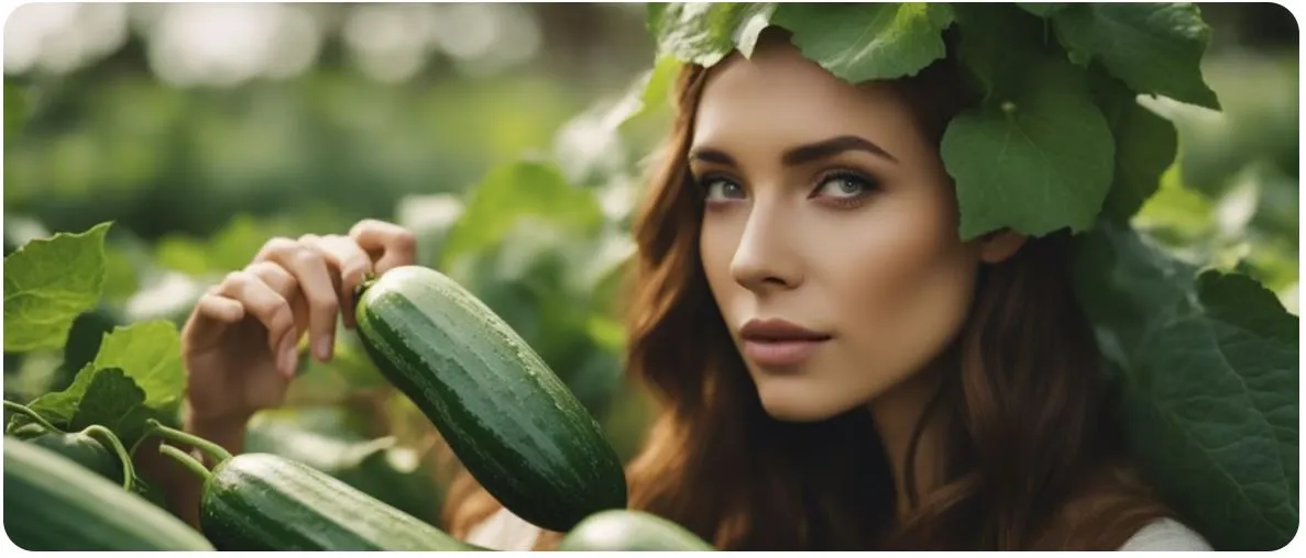 Woman surrounded by green leaves, holding a cucumber in a garden.
