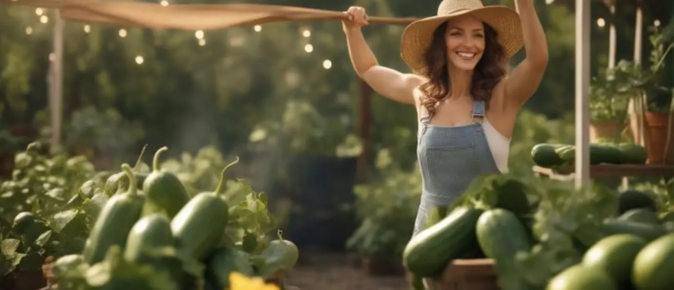 Smiling woman in a straw hat holding garden trellis amidst lush green vegetables.