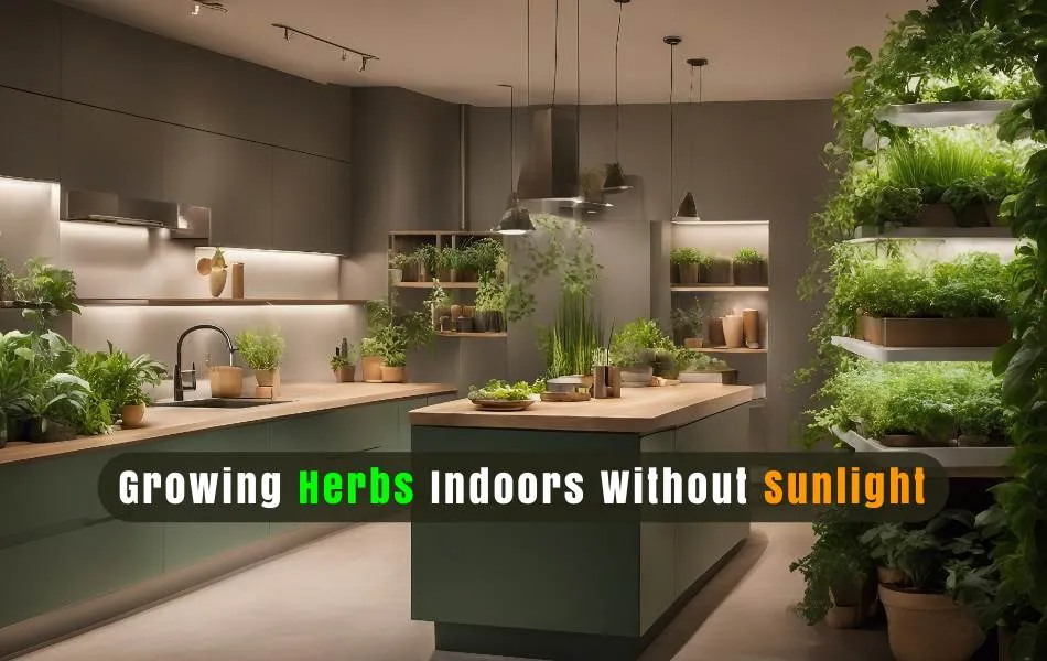 an image of an indoor garden growing herbs containing the text "growing herbs indoors with out sunlight.