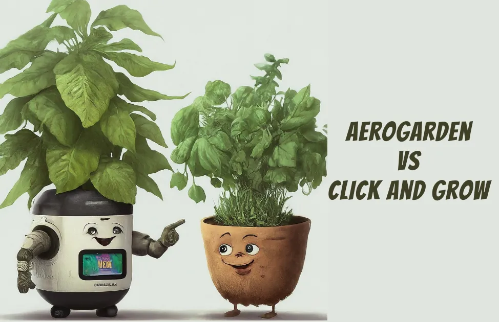 A cartoon illustration of an Aerogarden and Click & Grow houseplant playfully debating, each highlighting their features for indoor gardening.