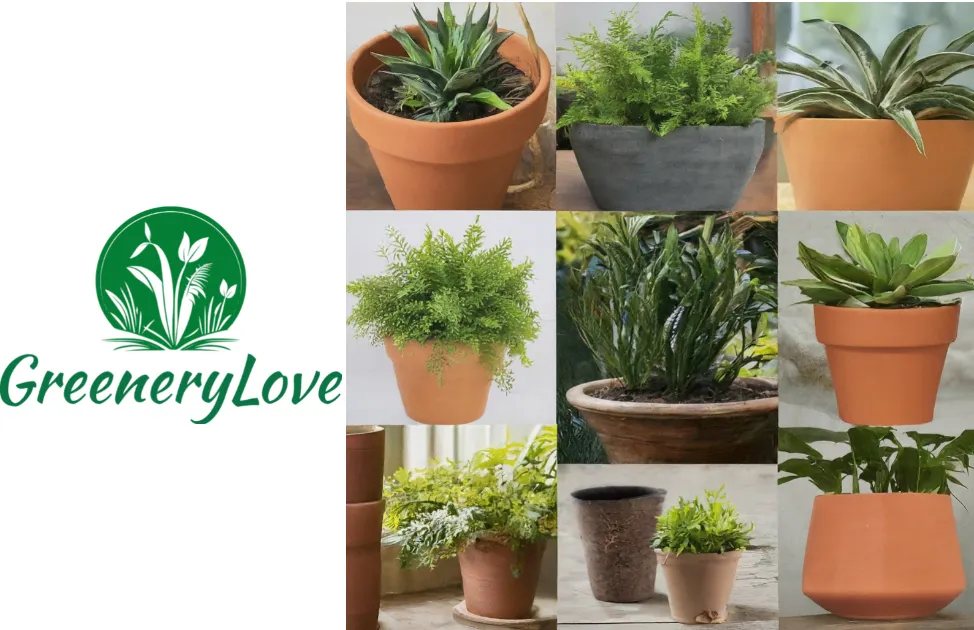 A collage of various potted plants with a central logo reading 'GreeneryLove'. The plants include succulents, ferns, and leafy green houseplants in terracotta, black, and stone pots, arranged against indoor and outdoor backdrops to showcase a variety of foliage textures and pot designs.