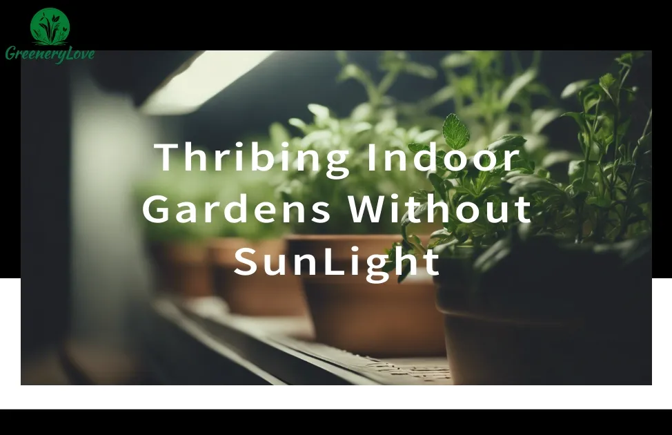 A close-up image of a diverse indoor herb garden featuring mint, basil, parsley, and chives, illuminated by a warm LED grow light. The background is blurred, suggesting an indoor setting.