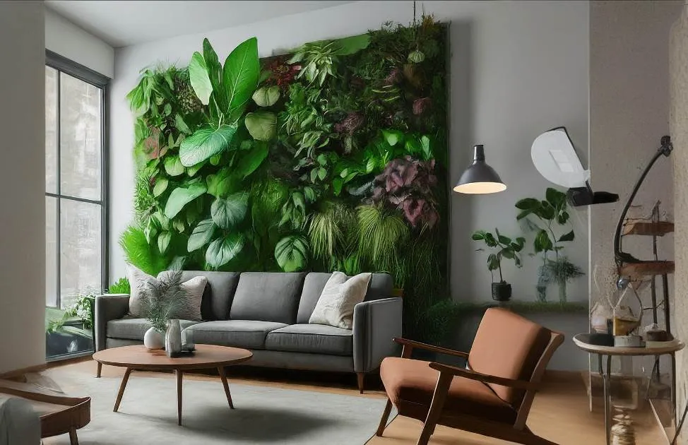 A lush indoor living wall garden overflowing with various green plants, mounted vertically on a light gray wall in a modern living room