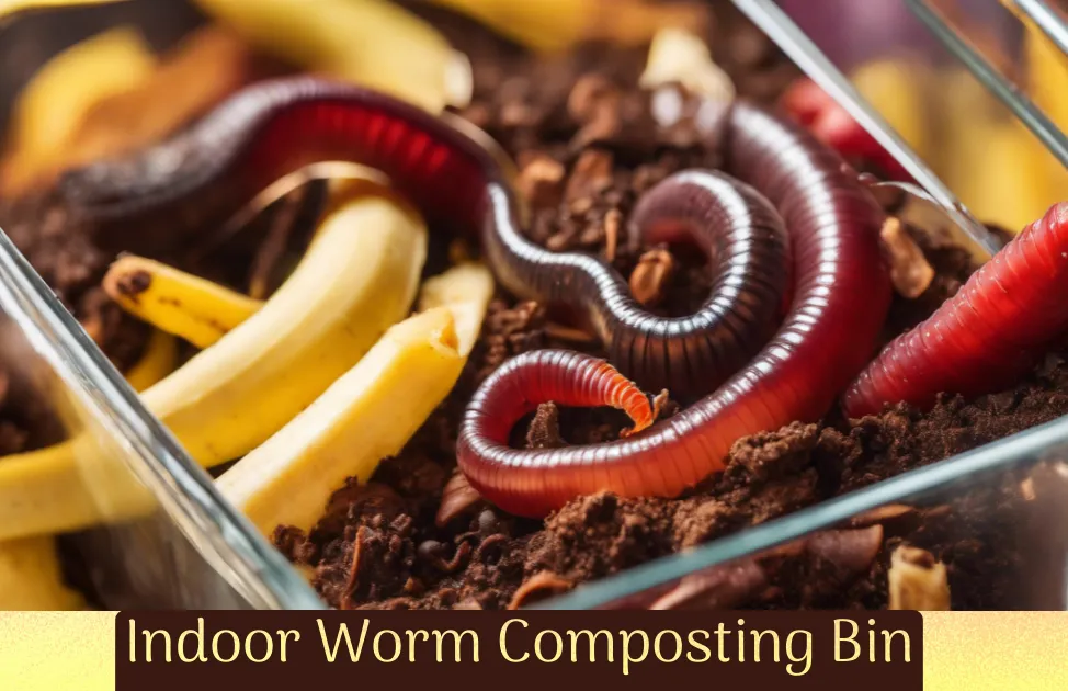 A close-up photo of a red wiggler worm crawling out of a glass container filled with dirt and banana peel.