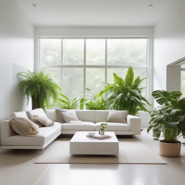 Modern living room with large window, white furniture, and lush indoor plants.