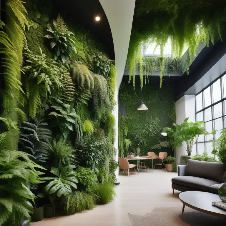 Living room with vertical green wall featuring ferns and other plants, brown leather couch, and wooden coffee table.