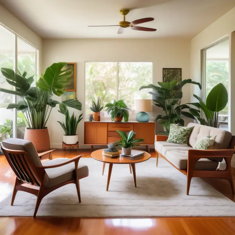 A well-lit, cozy living room with mid-century furniture and an assortment of indoor plants.