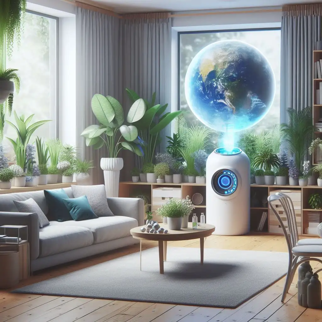 Indoor living space filled with plants and a futuristic air purifier projecting Earth.