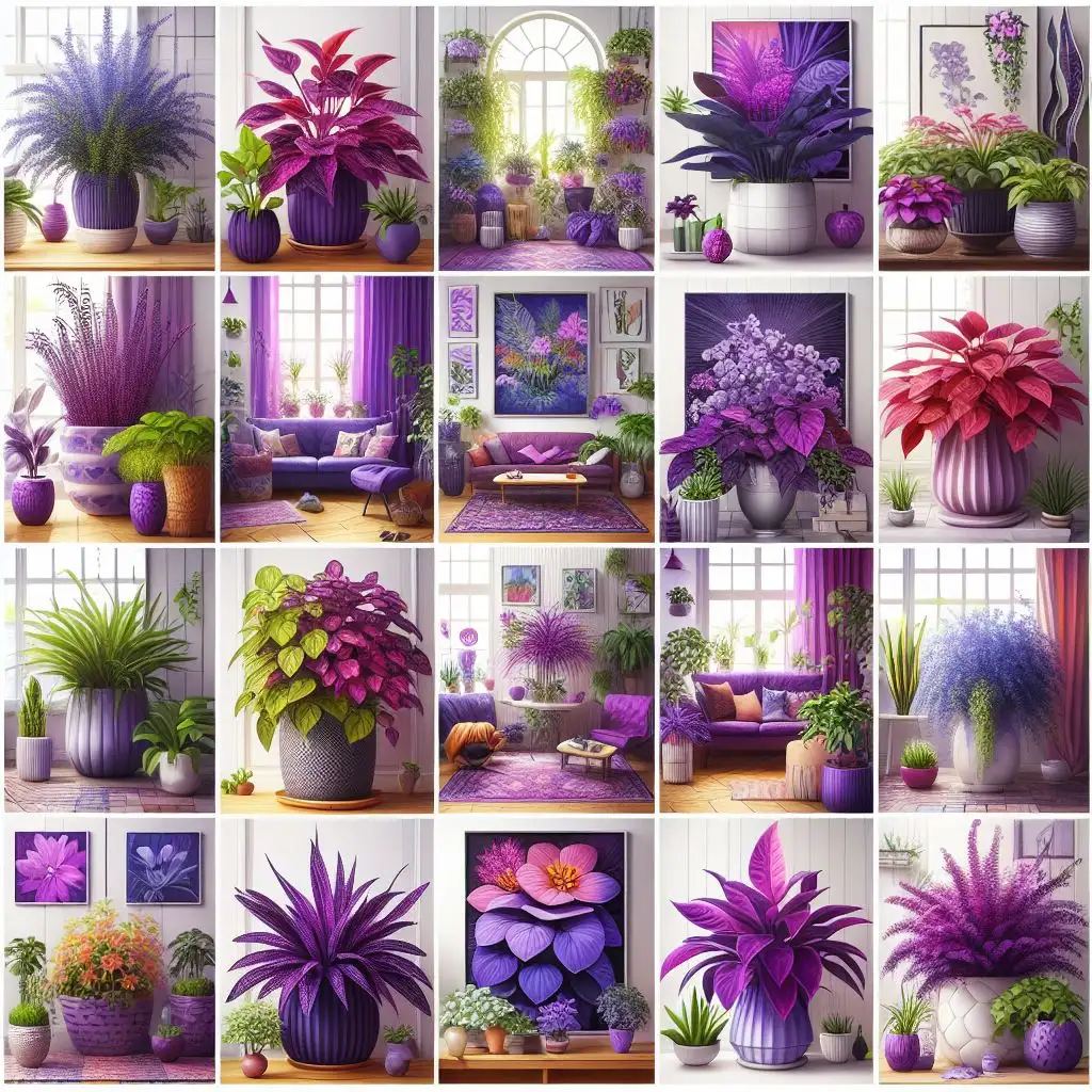 A collage of various houseplants in purple pots with coordinating purple-themed interior decor.