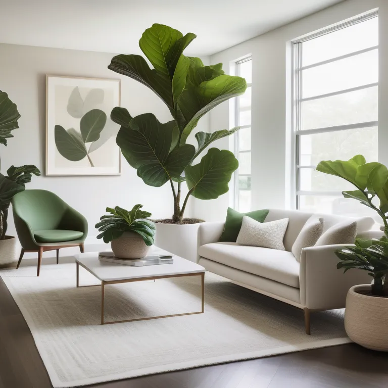 Modern living room with large leafy plants, white sofa, green chair, and wall art.