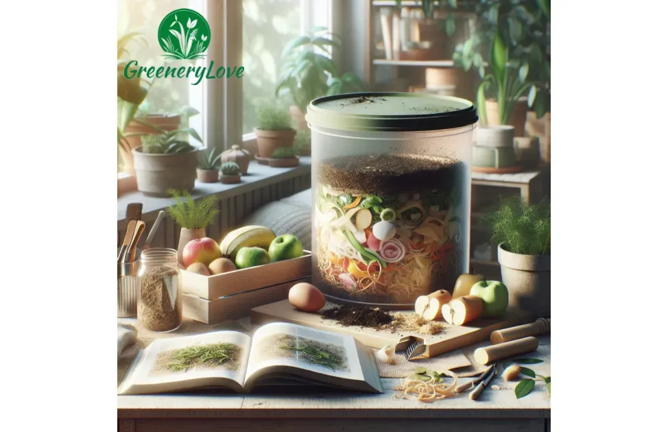 A clear container displaying layers of compost materials, with gardening tools, on a table surrounded by plants.