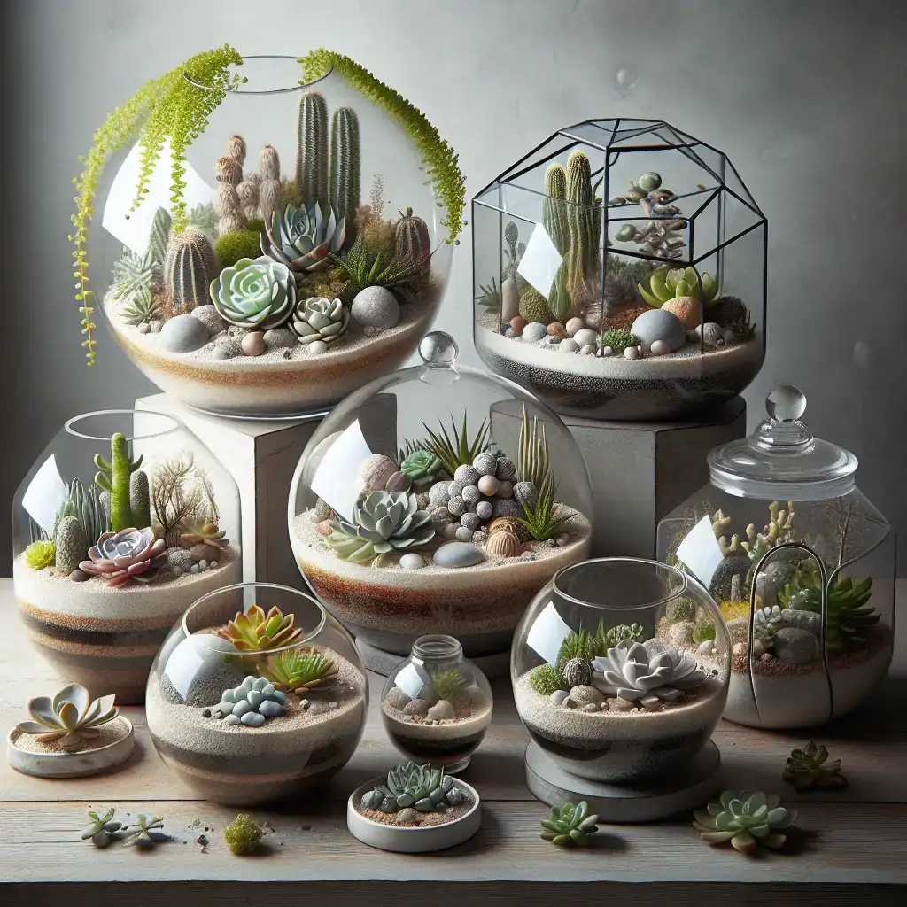 A variety of succulent plants arranged in glass terrariums.