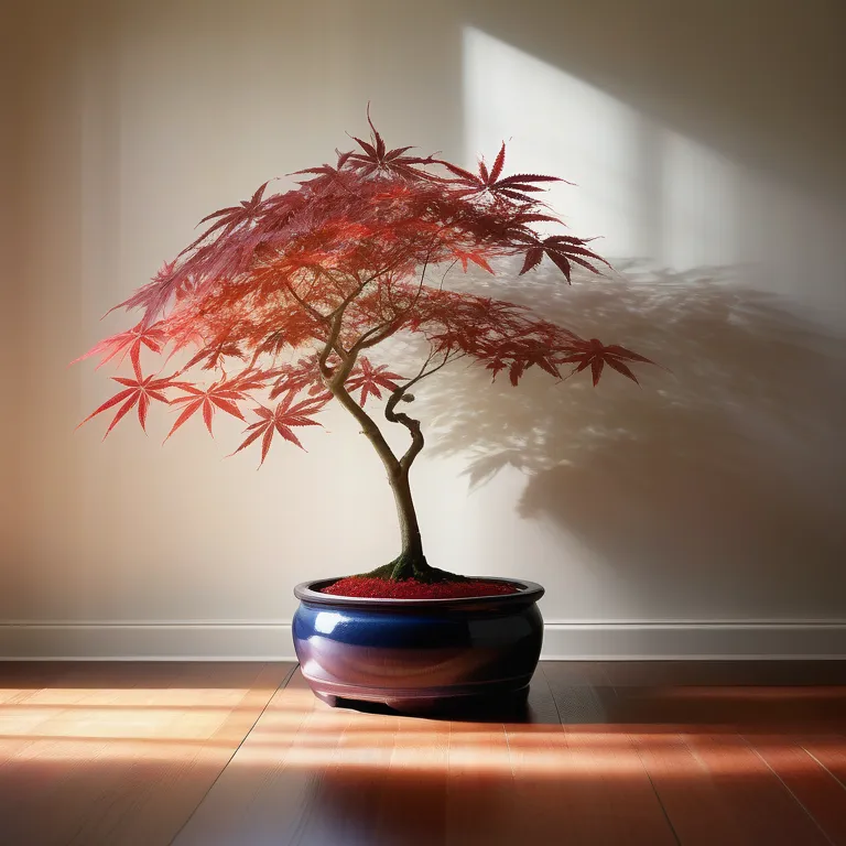 Indoor Japanese maple tree in a white pot against a neutral background