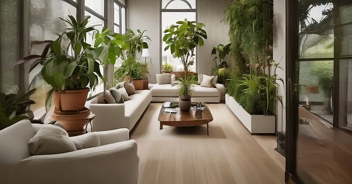 A cozy apartment living room with lush indoor plants and a small gardening area.