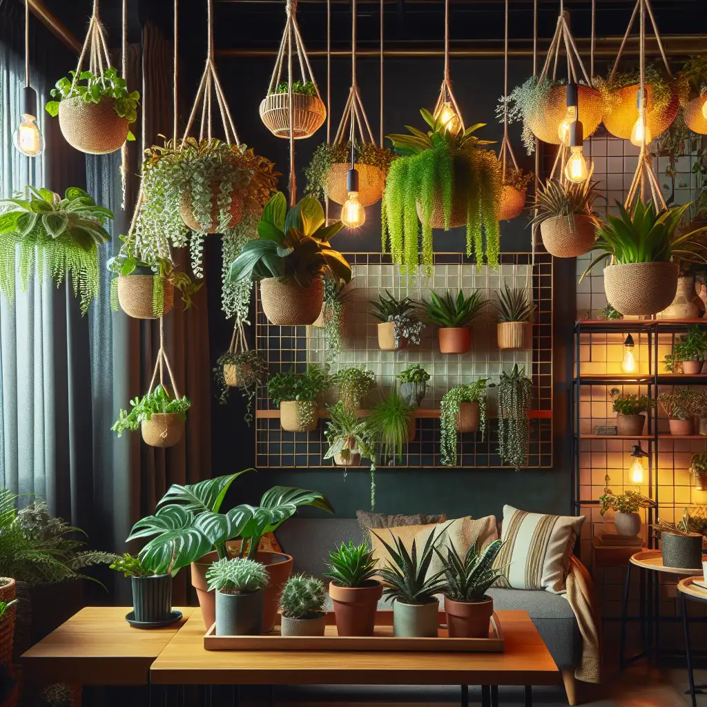 A variety of indoor hanging plants with green foliage in white pots.