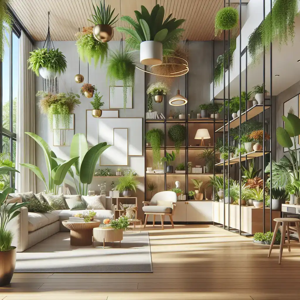 Modern indoor plant arrangements in a stylish living room