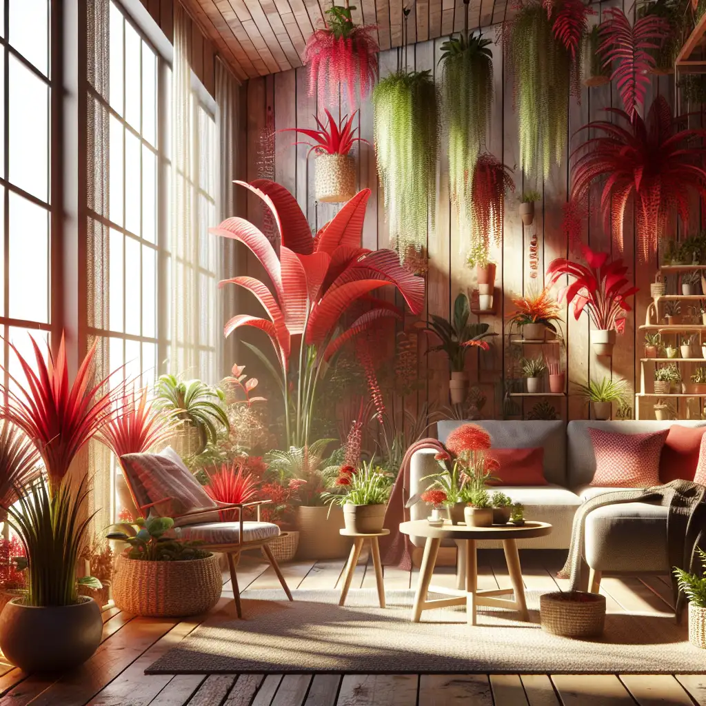 A vibrant red indoor plant with lush leaves in a white pot.