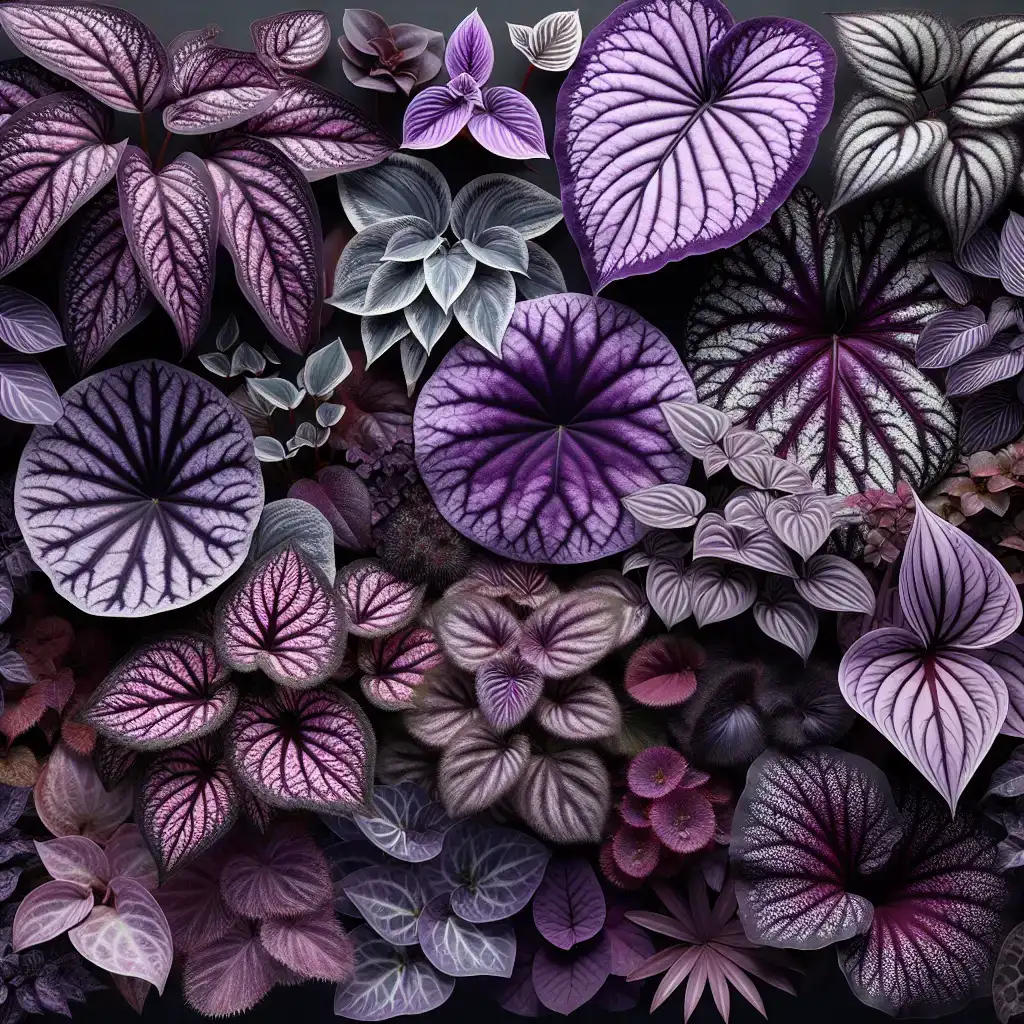 A collection of purple leaf indoor plants in pots.