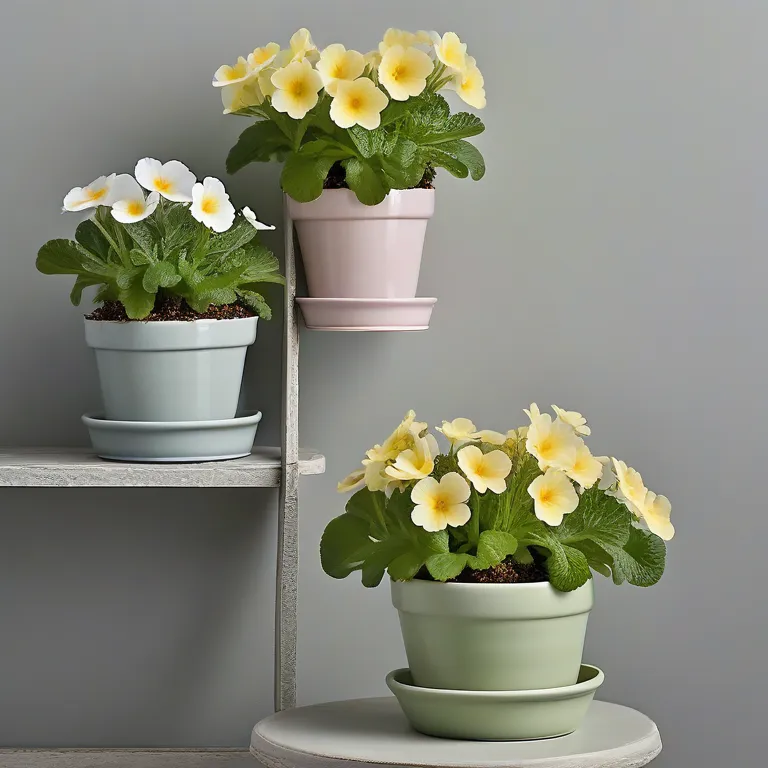 Pastel-colored pots with yellow primrose plants displayed on a gray wooden shelf and round table against a light gray wall.