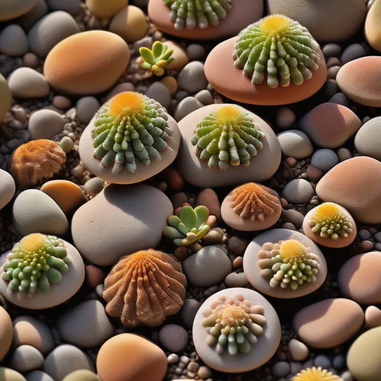 Two lithops plants with green and brown patterns on pebble-covered soil.