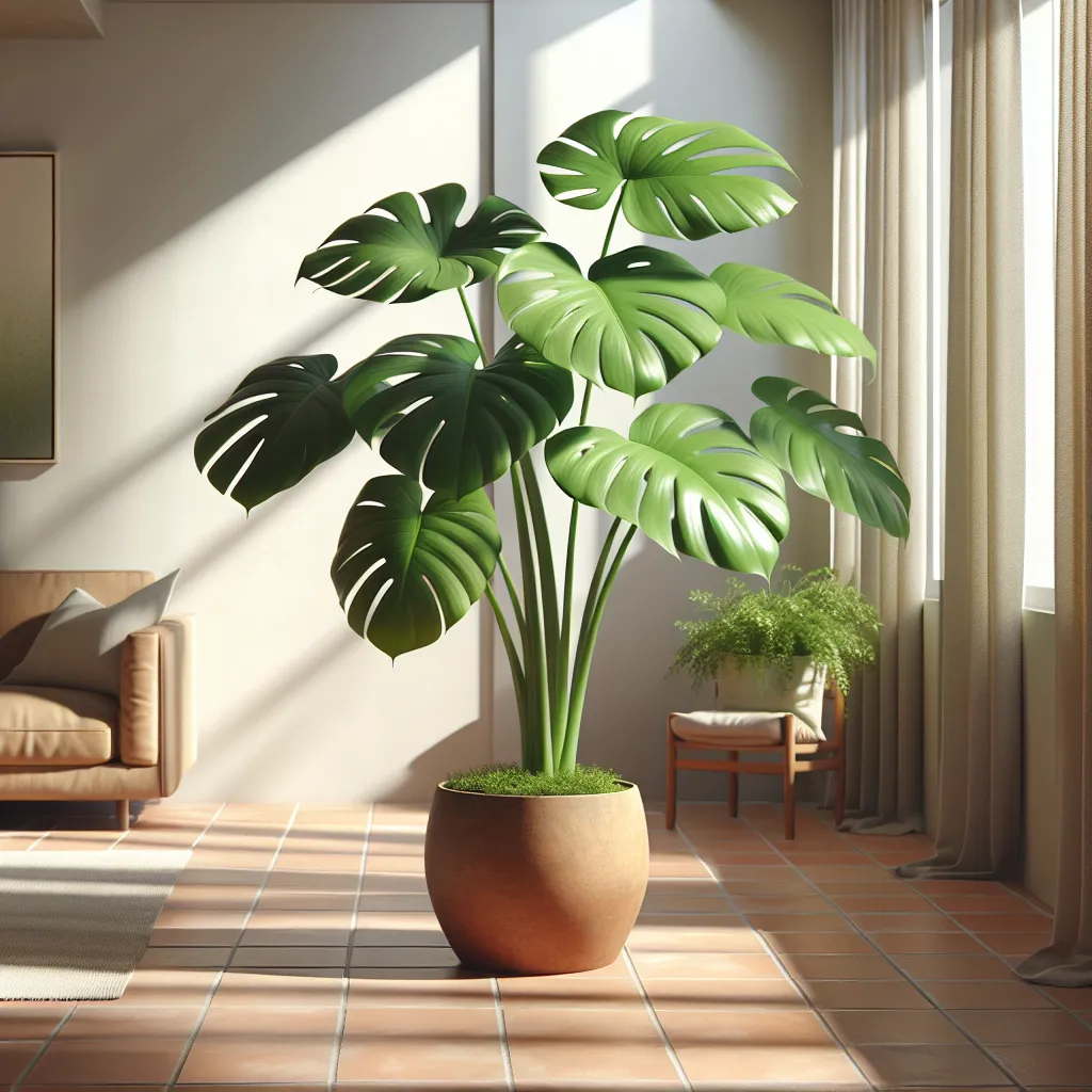 A lush green potted plant on a wooden table with a white background.