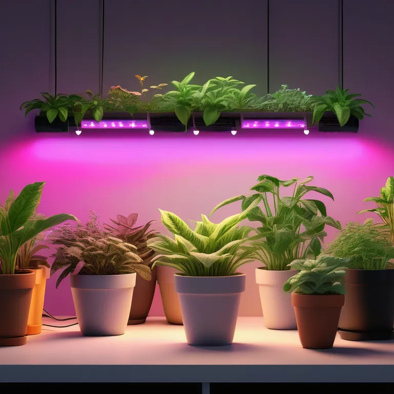 Indoor plants thriving under best grow lamps with red and blue LED lights, arranged on a white tabletop in a dim room.