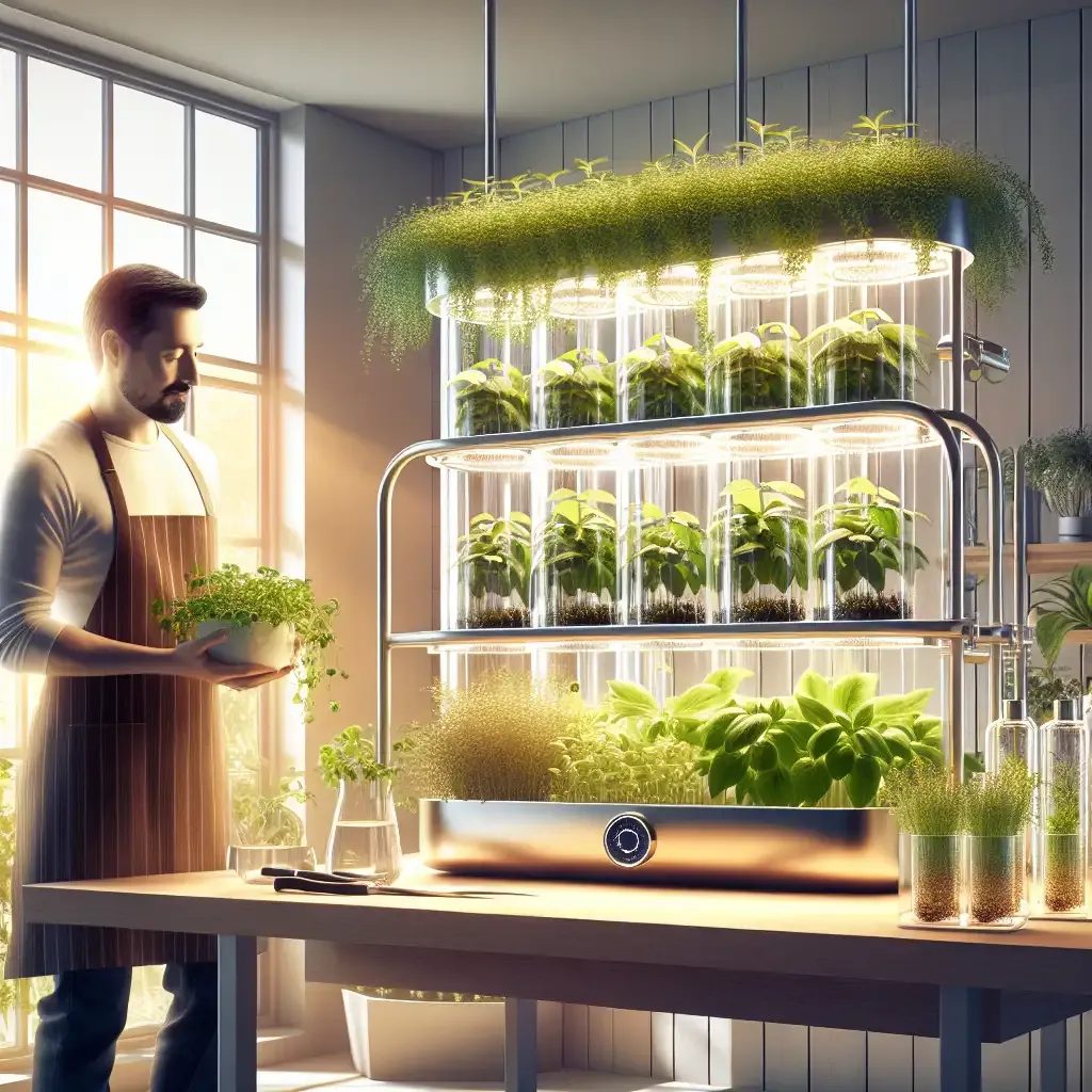 Man tending to plants in a modern, multi-level indoor hydroponic system with LED lights in a sunlit room.